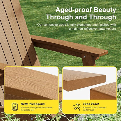HDPE Foldable Adirondack Outdoor Chair Set of 2 with Cup Holder, Weather Resistant Heavy-Duty Patio Chair for Patio, Backyard, Deck, Fire Pit, Lawn and Porch, Teak