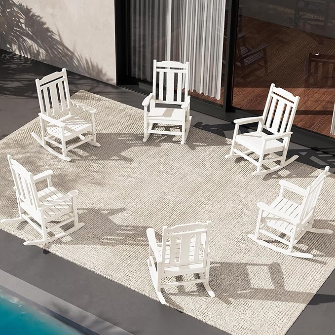 SERWALL HDPE Outdoor Rocking Chair for Adults, Outdoor Rocking Chairs Set of 6, Patio Rocking Chair Sets, White