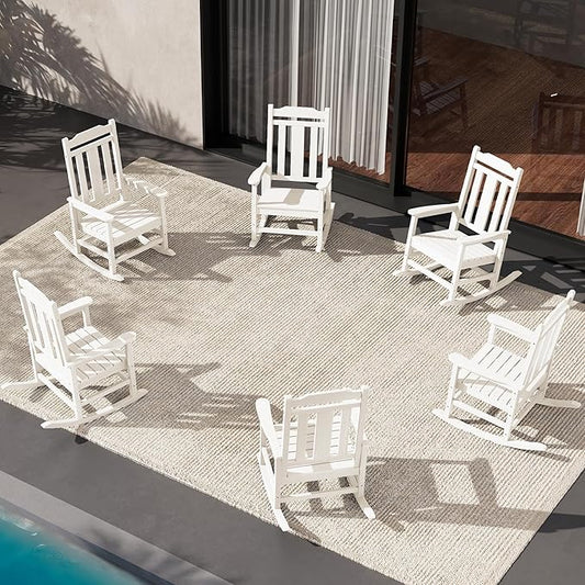 SERWALL HDPE Outdoor Rocking Chair for Adults, Outdoor Rocking Chairs Set of 6, Patio Rocking Chair Sets, White