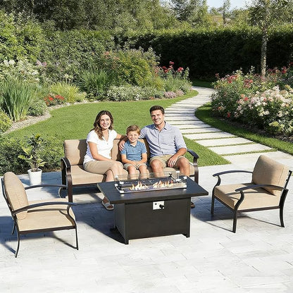 Gotland Aluminum Patio Furniture Set, 4 PCS Metal Outdoor Furniture with 45’’ Fire Pit Table Waterproof 5.1'' Seat Cushions 34.1’’ High Back, Oversized Outdoor Sectional Patio Conversation Sets, Khaki