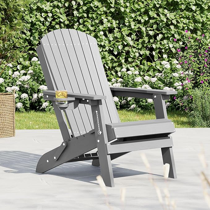 HDPE Foldable Adirondack Outdoor Chair with Cup Holder, Weather Resistant Heavy-Duty Patio Chair for Patio, Backyard, Deck, Fire Pit, Lawn and Porch, Silver Grey