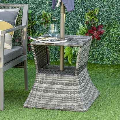 Outsunny Outdoor Side Table with Umbrella Hole, 2 Tier Rattan Wicker End Table with Storage Shelf, All Weather for Outdoor, Patio, Garden, Backyard, Mixed Gray