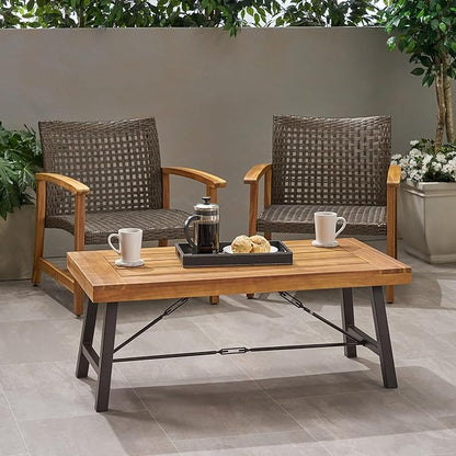 Harper & Bright Designs Outdoor Acacia Wood Coffee Table, Teak Finish/Rustic Metal Brown and Black, 27.25" D x 45.75" W x 18" H