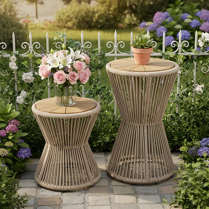 Merax Bohemian Round Outdoor Side Table Set of 2, 2 Pieces Patio Side Tables with Acacia Wood Top and Beige Handwoven Rope Base, for Garden, Pool, Balcony, Yard, Elegant Hourglass Design, No Assembly