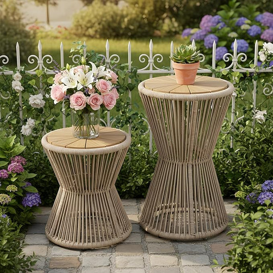 Merax Bohemian Round Outdoor Side Table Set of 2, 2 Pieces Patio Side Tables with Acacia Wood Top and Beige Handwoven Rope Base, for Garden, Pool, Balcony, Yard, Elegant Hourglass Design, No Assembly