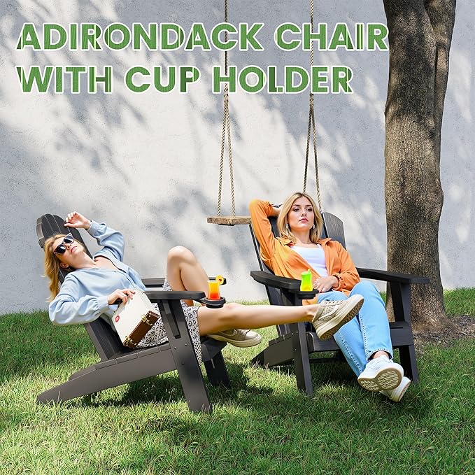 Outdoor Adirondack Chairs Set of 2,Plastic Adirondack Chair with Cup Holder,Black Fire Pit Chair,Modern Patio Chairs for Garden,Heavy All-Weather Lawn Adirondack Chair,Backyard Patio Lawn Poolside