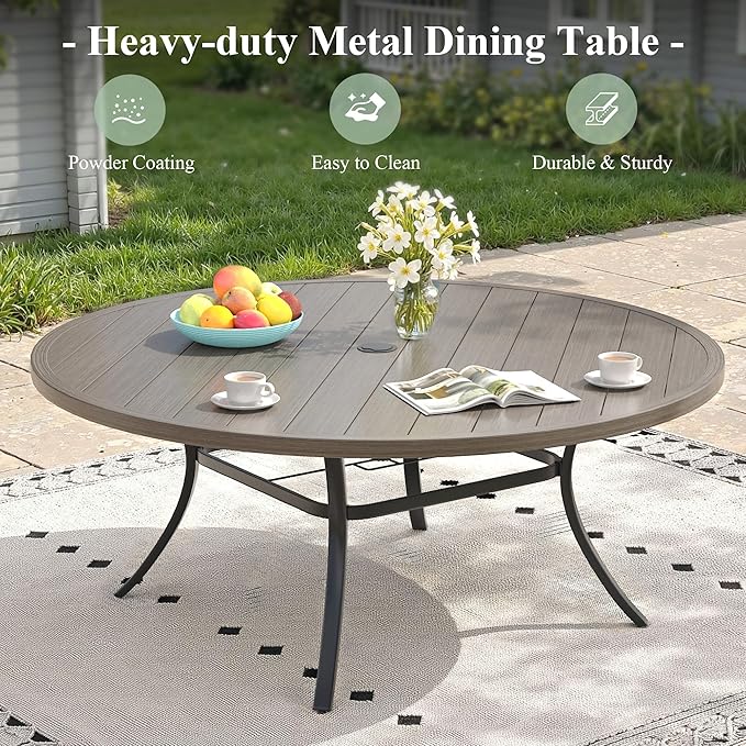 Outdoor Dining Table for 8, 63" Round Outdoor Table with Adjustable Umbrella Hole, All-Weather Metal Patio Dining Table for Lawn Garden Backyard Deck, Grey