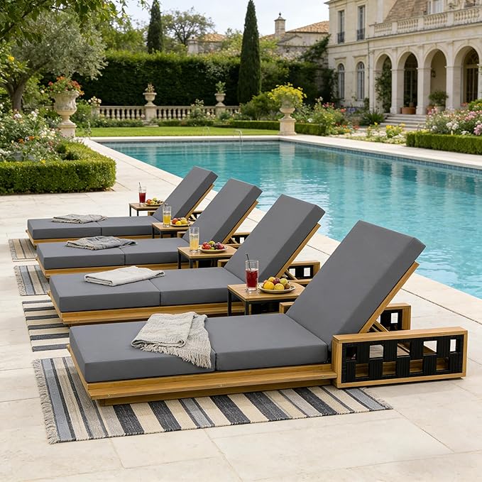 Merax Patio Chaise Lounge Set of 2, Acacia Wood Outdoor Reclining Chairs with 4-Position Adjustable Backrest - Photo 10