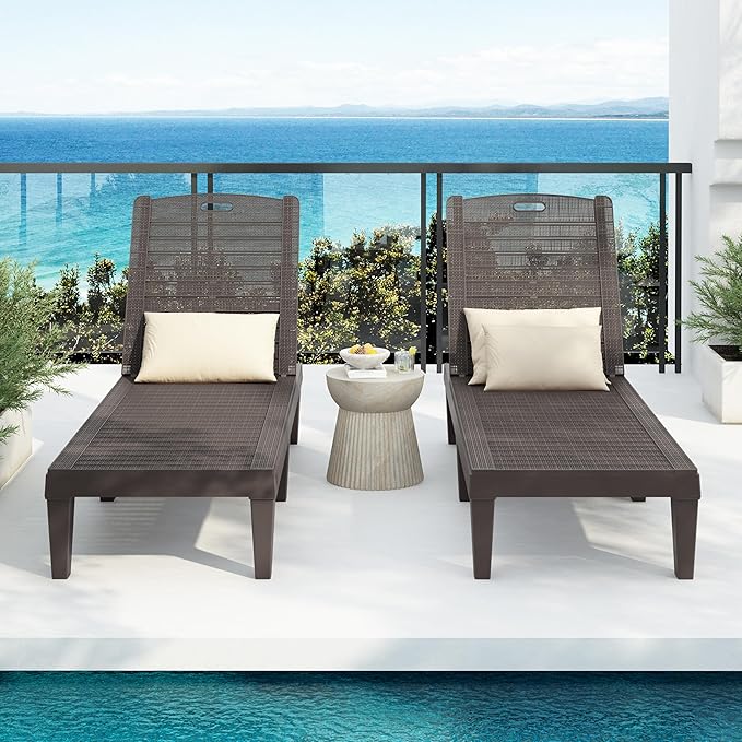 Outdoor Chaise Lounge Chair Set of 2 with 5 Position Adjustable Backrest, Water-Resistant Tanning Chair Recliner, Resin Pool Lounge Chairs for Patio, Poolside or Beach (Dark Brown)