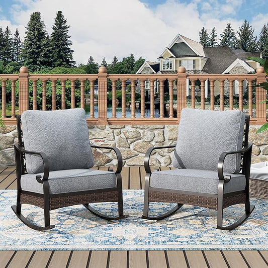 Patio Rocking Chairs Set of 2, Outdoor Sofa Chairs with Deep Seating and 5.75" Cushions, Steel Black Frame Porch Furniture for Lawn Backyard Deck, Grey