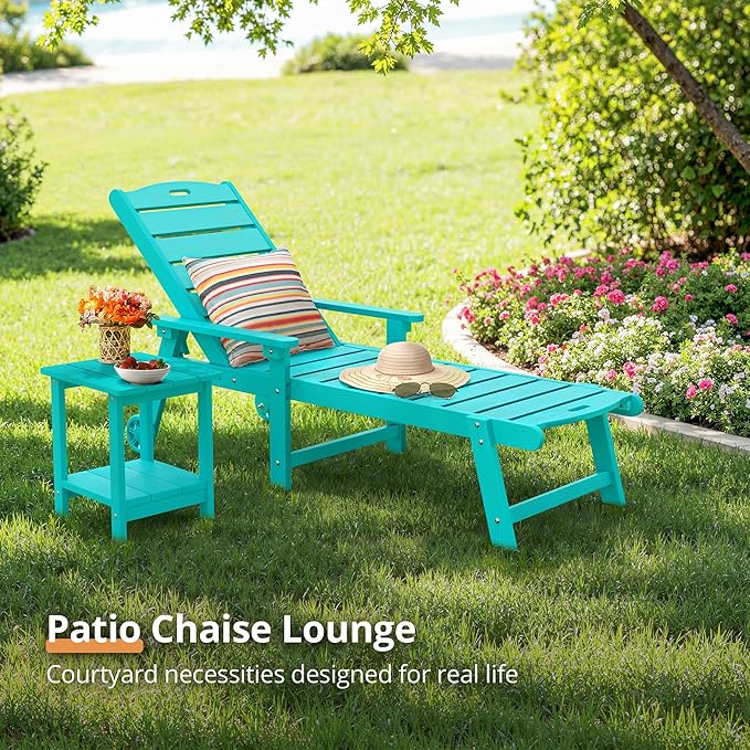 LUE BONA Outdoor Chaise Lounge Chairs Set of 4, 79'' Oversized HDPS Chaise Lounger, 5 Positions Adjustable Lounge Chairs, Pool Lounge Chair with Wheels for Poolside, 3 Year Warranty, Aruba Blue