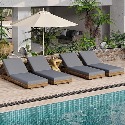 Merax 4-Piece Acacia Wood Chaise Lounge Set w/ 6-Position Adjustable Backrest & Cushion - Outdoor Patio Poolside Furniture, Grey
