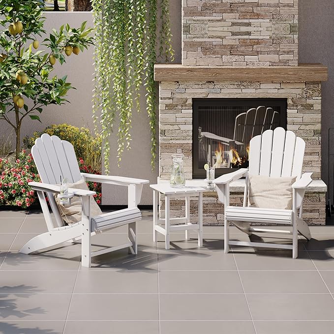 Costaelm Lakeview 3-Piece Outdoor Patio HDPE Adirondack Chair with Cup Holder and Table Set, White