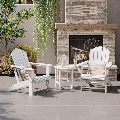 Costaelm Lakeview 3-Piece Outdoor Patio HDPE Adirondack Chair with Cup Holder and Table Set, White