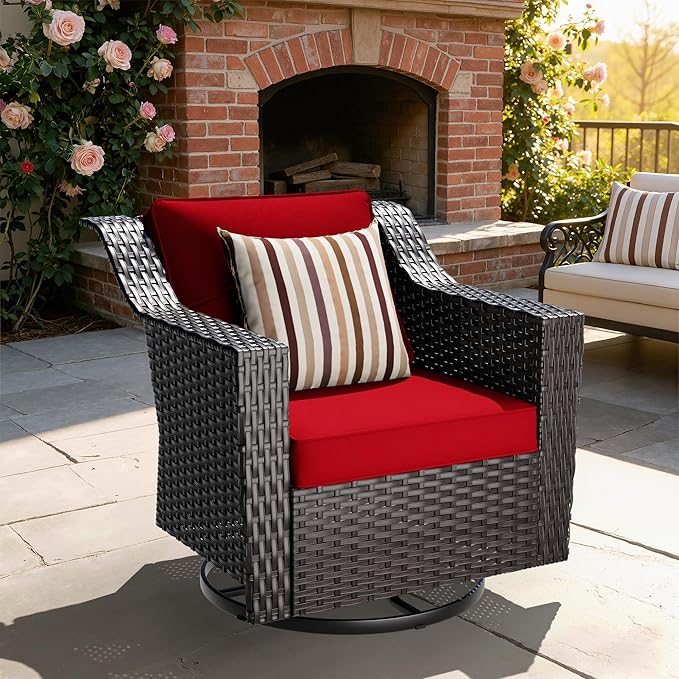 Outdoor Furniture Swivel Chair, Patio Glider Wicker Rocker Seating with Cushions for Porch Deck Balcony (Red) - Photo 5