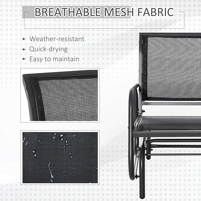 Outsunny Porch Glider, Metal Frame Swing Glider Chair with Breathable Mesh Fabric, Steel Frame and Curved Armrests for Garden, Poolside, Backyard, Balcony, Black