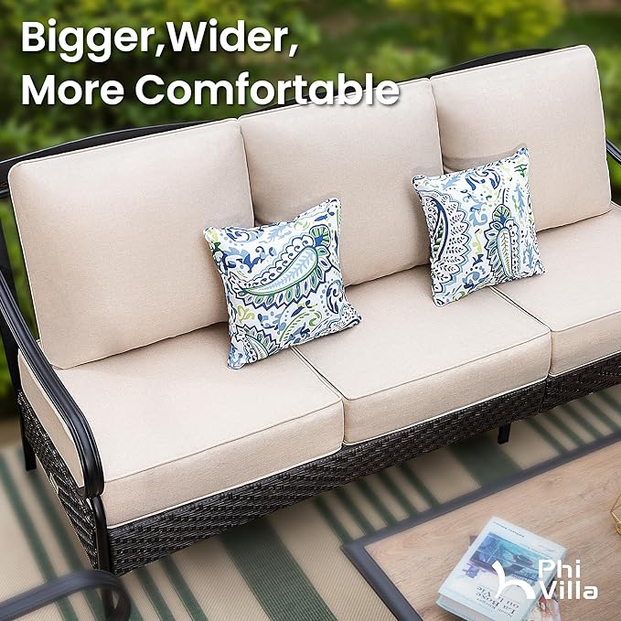 PHI VILLA Wicker & Metal Outdoor Patio Couch, 3-Seat Patio Sofa with Deep Seating for Front Porch, Deck, Balcony - Photo 2