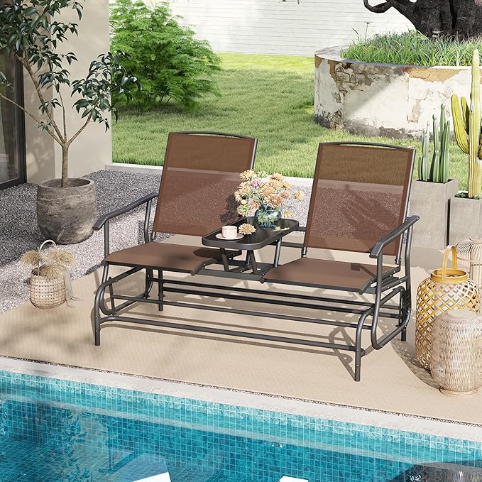 Tangkula 2 Person Swing Glider Chair, Patio Rocking Loveseat w/Center Tempered Glass Table - Photo 2