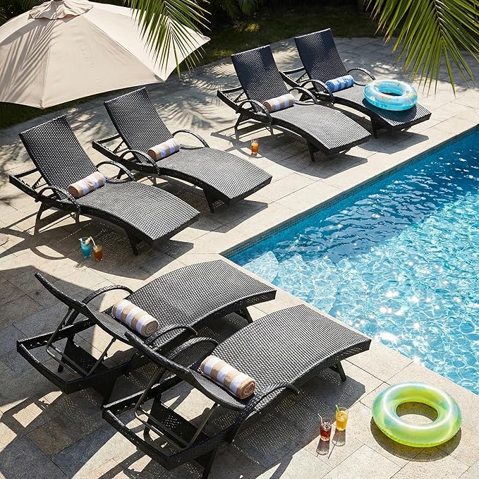OVENTA Outdoor Wicker Patio Chaise Lounge Chair Set of 6, Black Rattan Pool Furniture Lounger for Outside Poolside Lounges, Jumbo Co Chaise Lounge Chairs, Wicker Patio Pool Furniture