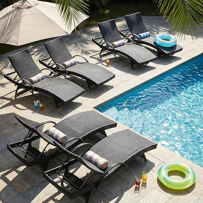 OVENTA Outdoor Wicker Patio Chaise Lounge Chair Set of 6, Black Rattan Pool Furniture Lounger for Outside Poolside Lounges, Jumbo Co Chaise Lounge Chairs, Wicker Patio Pool Furniture