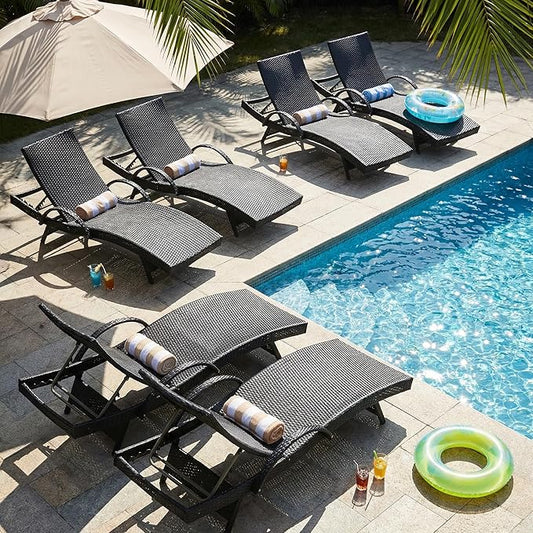OVENTA Outdoor Wicker Patio Chaise Lounge Chair Set of 6, Black Rattan Pool Furniture Lounger for Outside Poolside Lounges, Jumbo Co Chaise Lounge Chairs, Wicker Patio Pool Furniture