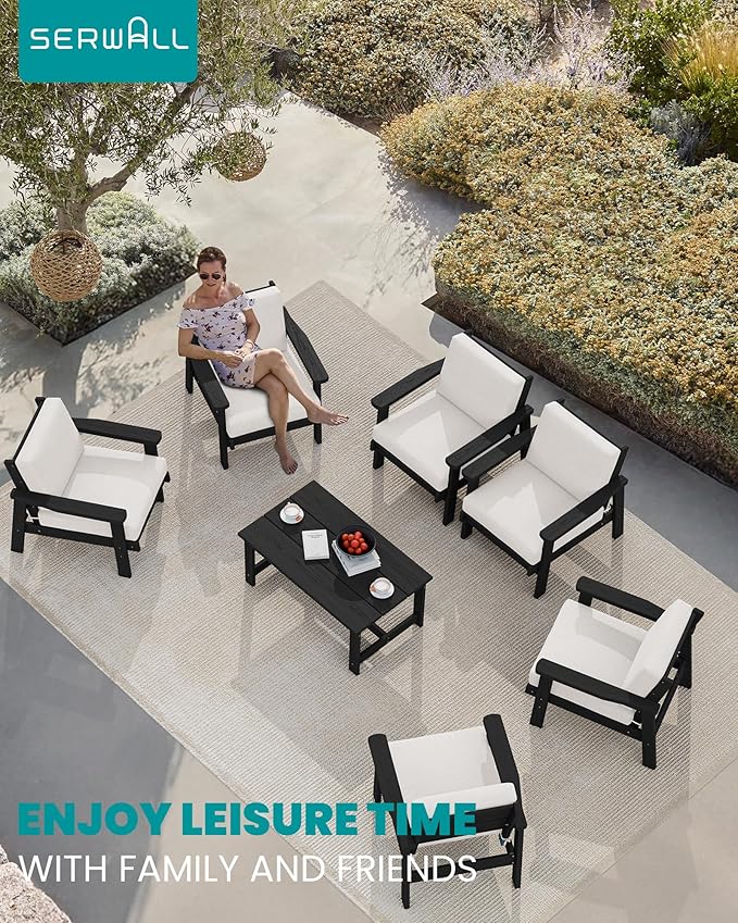 SERWALL Patio Conversation Sets, 7 Piece, Black Frame with Khaki Cushions - Photo 9