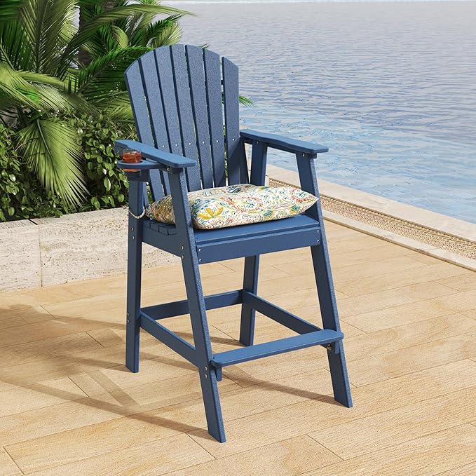 Sundale Outdoor Adirondack Bar Stool, Patio HDPE Bar Chair with Backrest, 30 Inch Seat Height Tall Bistro Dining Counter Stool with Cushion, All-Weather Pub Height Chair