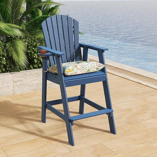 Sundale Outdoor Adirondack Bar Stool, Patio HDPE Bar Chair with Backrest, 30 Inch Seat Height Tall Bistro Dining Counter Stool with Cushion, All-Weather Pub Height Chair