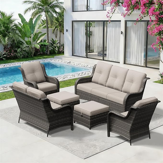 6 Piece Outdoor Wicker Patio Furniture Set, Patio Chairs Set with Thickened Olefin Cushions, High Back and Deep Seating - Photo 9