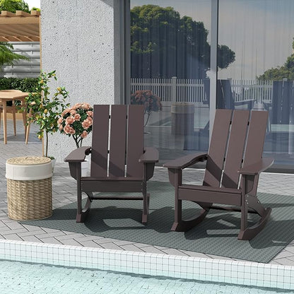 WestinTrends Ashore Patio Rocking Chairs Set of 4, All Weather Poly Lumber Plank Adirondack Rocker Chair, Modern Farmhouse Outdoor Rocking Chairs for Porch Garden Backyard and Indoor, Dark Brown