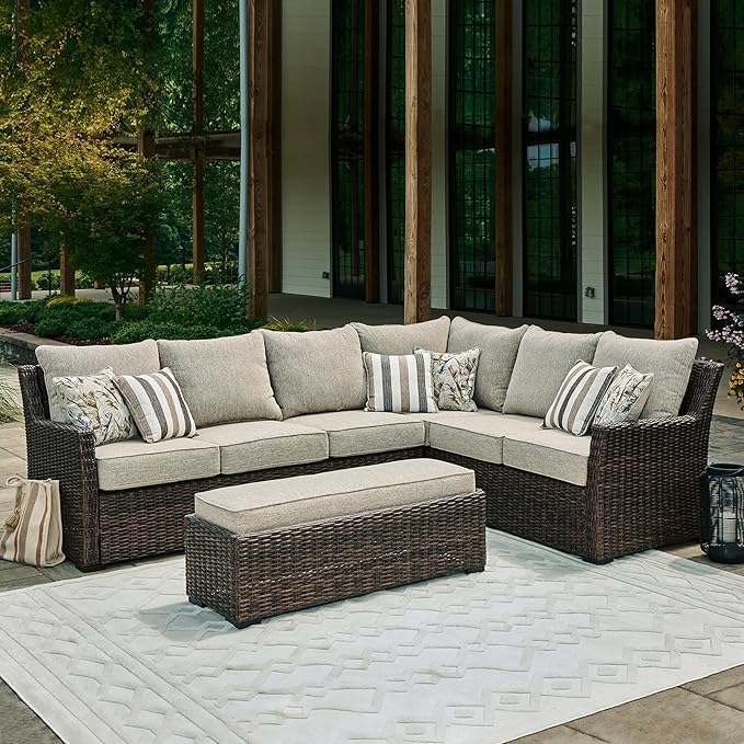 Signature Design by Ashley Brook Ranch Outdoor Sectional, All‑Weather Resin Wicker Patio Furniture With High‑Performance Cushions, Durable Aluminum Frame, Neutral