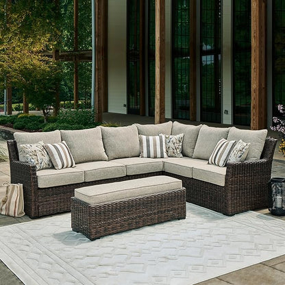 Signature Design by Ashley Brook Ranch Outdoor Sectional, All‑Weather Resin Wicker Patio Furniture With High‑Performance Cushions, Durable Aluminum Frame, Neutral