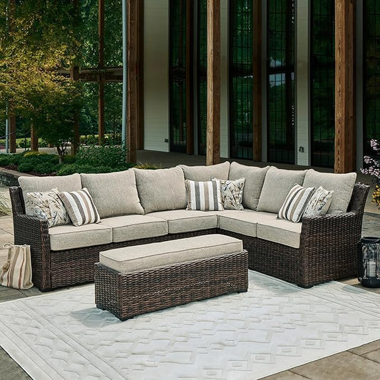 Signature Design by Ashley Brook Ranch Outdoor Sectional, All‑Weather Resin Wicker Patio Furniture With High‑Performance Cushions, Durable Aluminum Frame, Neutral