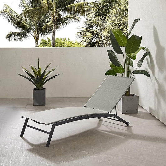 Crosley Furniture Weaver Reclining Mesh Outdoor Chaise Lounge Chair with Wheels for Patio, Deck, Poolside, Matte Black/Light Gray