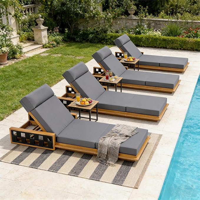 Merax Acacia Wood Patio Chaise Lounge Set of 4, Outdoor Reclining Chairs with 4-Position Adjustable Backrest, 4-Piece Sunbathing Recliner & 4" Thick Four-fold Cushion for Poolside, Garden, Dark Gray