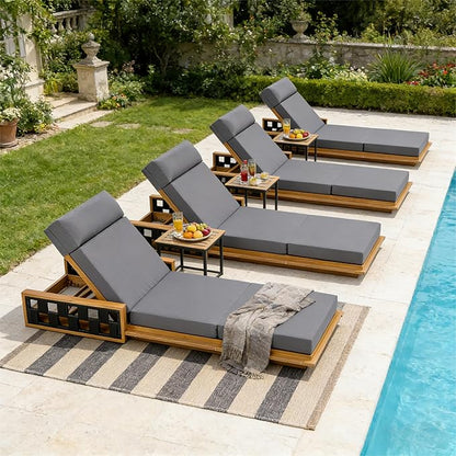 Merax Acacia Wood Patio Chaise Lounge Set of 4, Outdoor Reclining Chairs with 4-Position Adjustable Backrest, 4-Piece Sunbathing Recliner & 4" Thick Four-fold Cushion for Poolside, Garden, Dark Gray