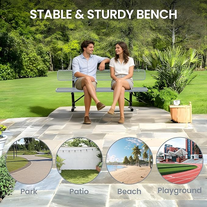 8 Feet Steel Park Bench for Outside, Outdoor Bench with Backrest & Portable Frame, Commercial Benches for Shopping Malls, Stores, Parks, Patios, Decks, Grey