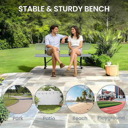 8 Feet Steel Park Bench for Outside, Outdoor Bench with Backrest & Portable Frame, Commercial Benches for Shopping Malls, Stores, Parks, Patios, Decks, Grey