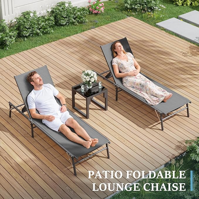 UDPATIO Foldable Patio Lounge Chairs Outdoor Chaise Lounge with 5-Positions Poolside Lounge Chairs with Portable Design for Pool, Beach, Deck, Backyard No Assembly