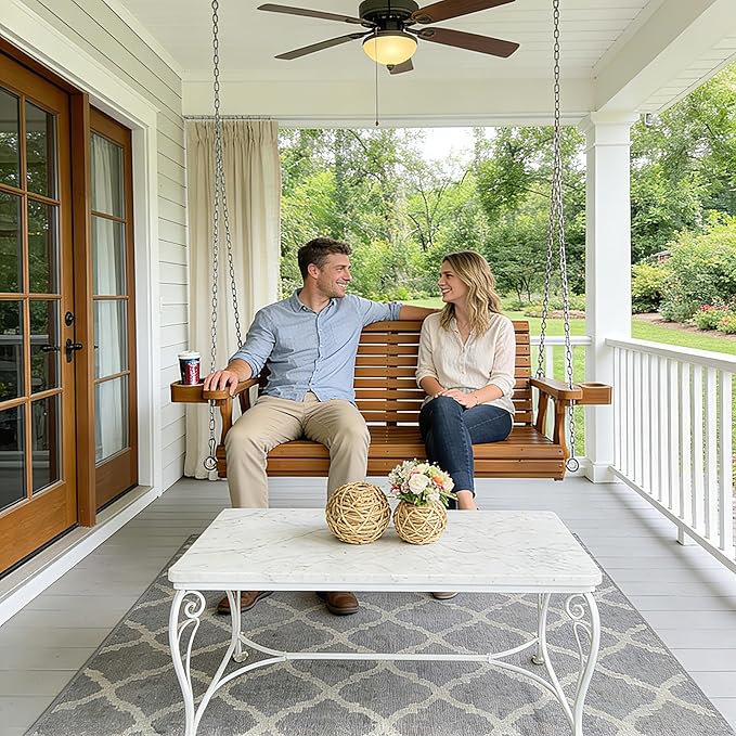 Wooden Porch Swing 2-Seater, High Backrest and Deep Seat, Bench Swing with Cupholders, Hanging Chains and 7mm Springs - Photo 2