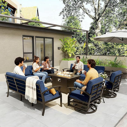Gotland Outdoor Aluminum Patio Furniture Set with Fire Pit Table, 13 Pieces Metal Patio Furniture with 2 Swivel Rocking Chairs 11 Seats Waterproof 5.1'' Seat Cushions, for Garden Balcony Porch Navy