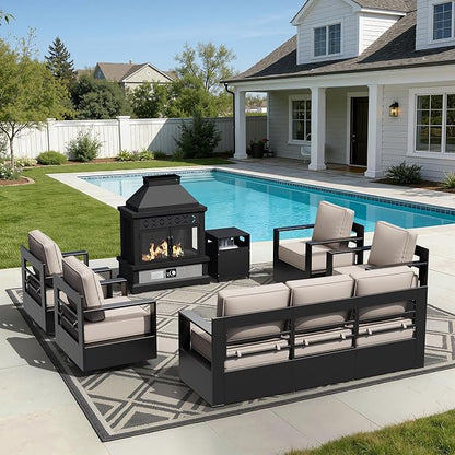 Outdoor Aluminum Furniture Set, 6-Piece Patio Conversation Set, 4 Chairs 1 Sofa and 1 Fireplace, All-Weather Metal Frame, 6" Thick Removable Cushions, Deep Setting for Garden, Poolside and Porch