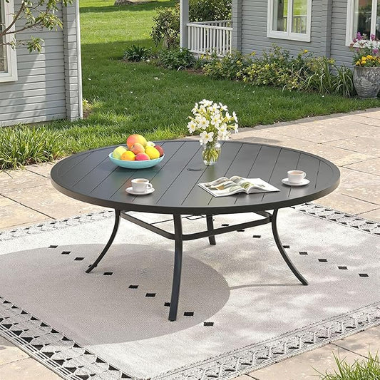 Outdoor Dining Table for 8, 63" Round Outdoor Table with Adjustable Umbrella Hole, All-Weather Metal Patio Dining Table for Lawn Garden Backyard Deck, Black