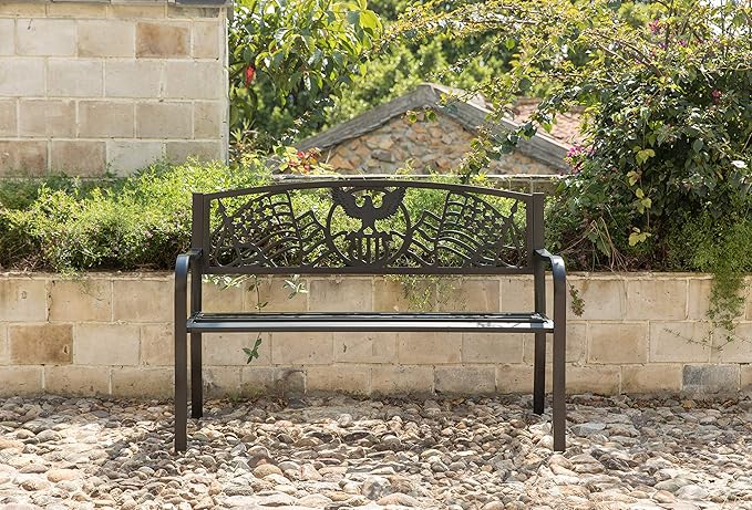 Steel Outdoor Patio Garden Park Seating Bench with Cast Iron Patriotic American Flag and Eagle Backrest, Front Porch Yard Bench Lawn Decor