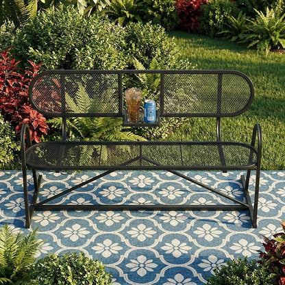 Outdoor Bench, Metal Mesh Garden Bench with Foldable Middle Table, 55" Weather Resistant Patio Park for 2-3 People, Decorative Porch Chair for Yard, Deck, and Lawn, Black