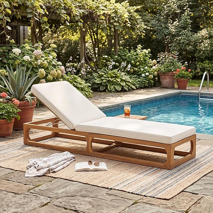 Christopher Knight Home Vauz Modern Patio Chaise Lounge Chair Outdoor, Acacia Wood Poolside Sun Lounger with Cushion, Open Frame Pool Lounger with Adjustable Backrest, Natural+Beige