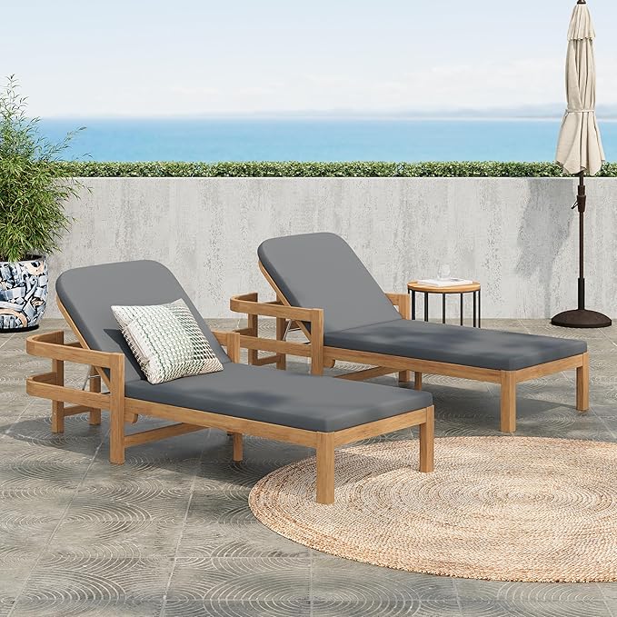 Christopher Knight Home Kayas Acacia Wood Chaise Lounge with Adjustable Backrest, 77.5" Outdoor Sun Lounger with Cushion, Patio Lounger Recliner Chair for Poolside Lawn, Light Teak+Gray, Set of 2