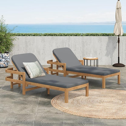 Christopher Knight Home Kayas Acacia Wood Chaise Lounge with Adjustable Backrest, 77.5" Outdoor Sun Lounger with Cushion, Patio Lounger Recliner Chair for Poolside Lawn, Light Teak+Gray, Set of 2