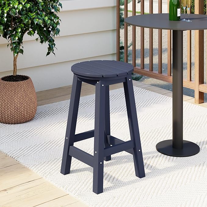Costaelm 24" Height Outdoor Bar Stools, All-Weather Bar Stools, Adirondack Poly Patio Round Bar Stool for Patio, Deck, Kitchen Counter and Garden, Navy Blue