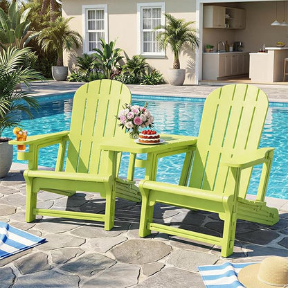 JY QAQA Outdoor Adirondack Chair Set of 2, All-Weather HDPE Patio Furniture with Detachable Table, Wood Texture & Cup Holder for Patio, Poolside, Garden, Green